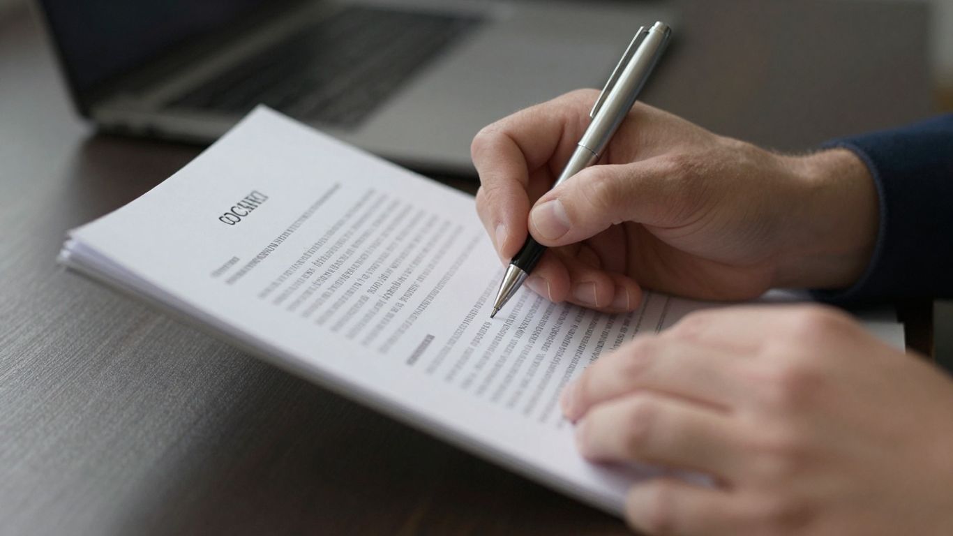 Hände halten Darlehensvertrag mit Stift zum Unterschreiben.